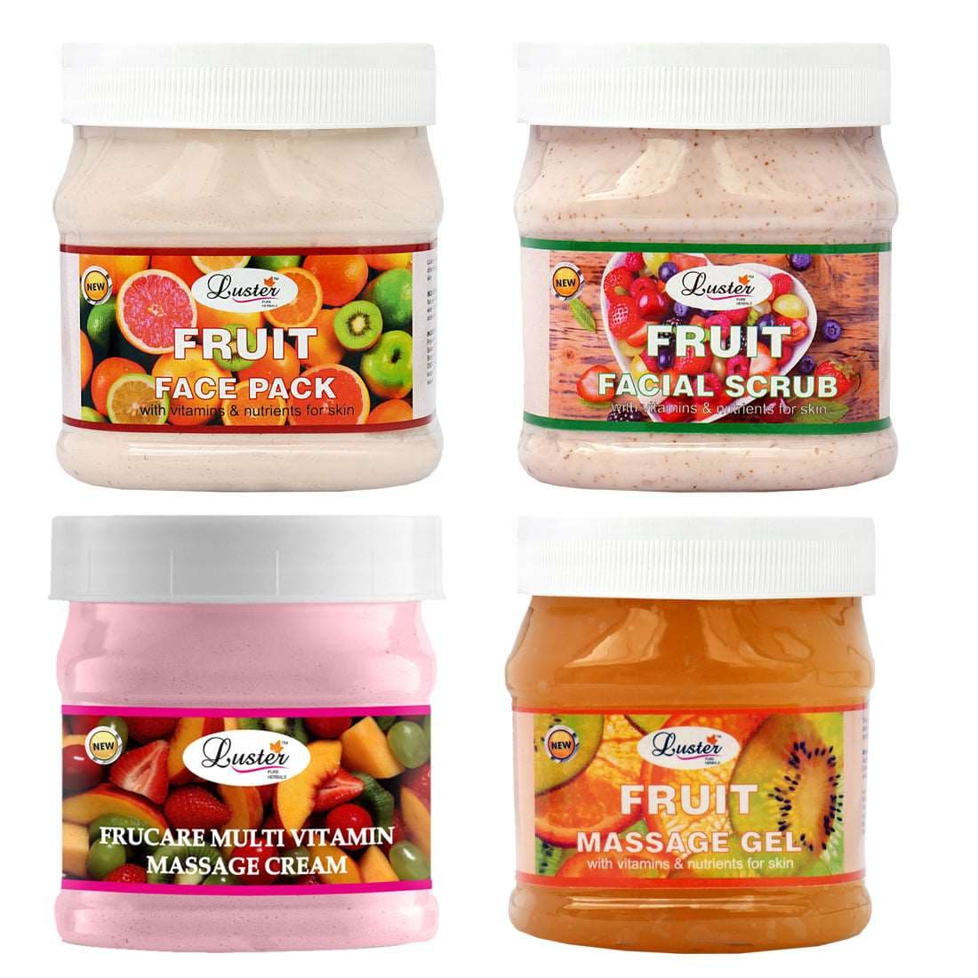 Luster Fruit Facial Kit | Helps Brighten & Glowing Skin | Fruit Facial Scrub | Fruit Massage Cream | Fruit Massage Gel | Fruit Face Pack | Fruit Facial Kit for Women & Men | No Paraben & Sulfate- 500 ml (Pack of 4).