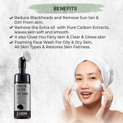 Luster Cosmetics Detoxifies Skin Pack | Charcoal Sea Mud Foaming Face Wash & Facial Kit 45g - Pack of 2