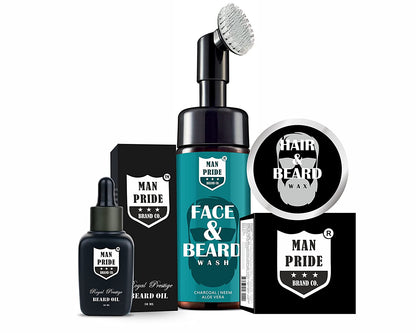 Man Pride Brand Co. Combo Pack | Beard Oil For Faster Beard Growth (30ml) | Charcoal, Neem & Aloe Vera Foaming Face Wash with Brush (100ml) | Stronghold Hair & Beard Wax For Men (75g). - Luster Cosmetics