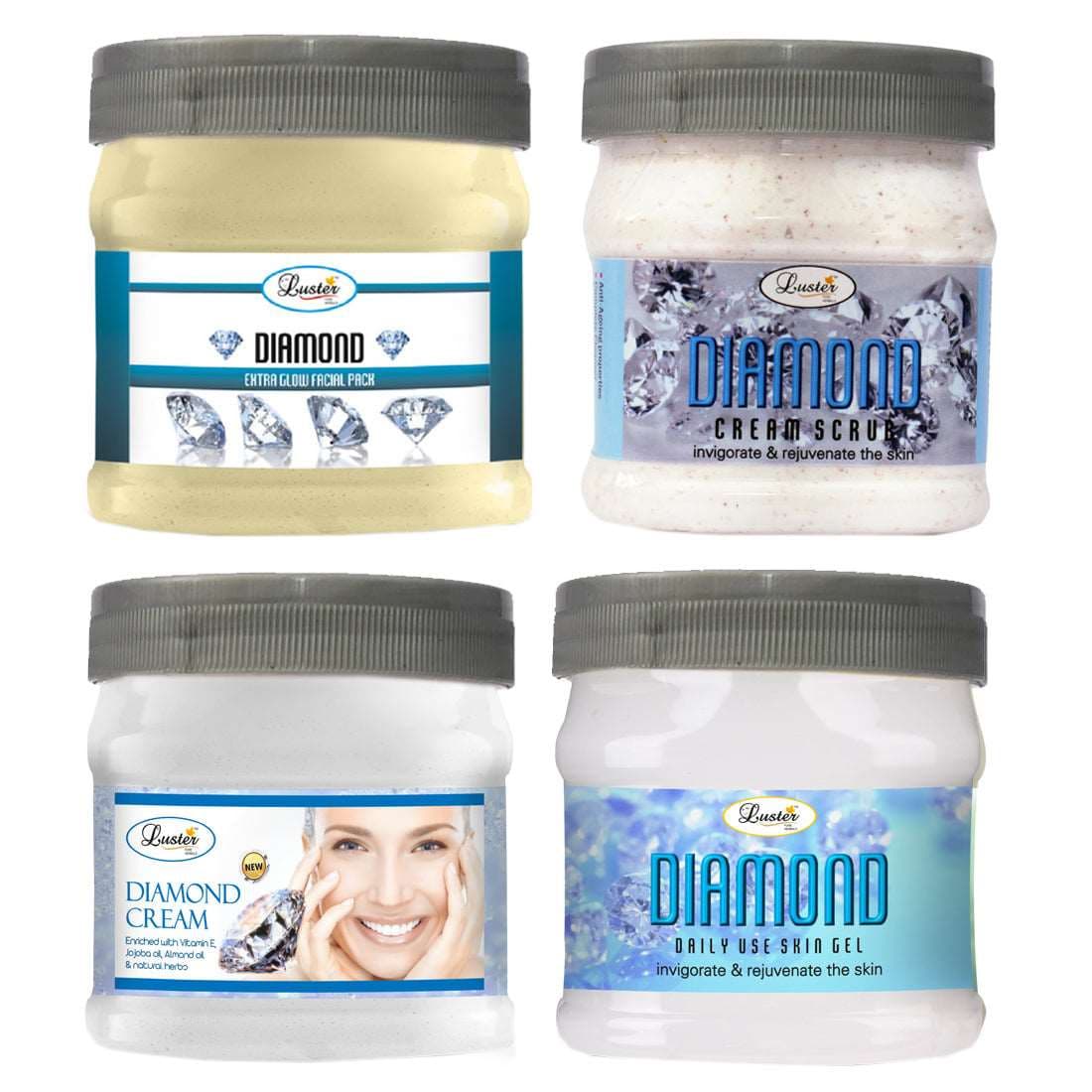 Luster Diamond Facial Kit | Diamond Facial Scrub | Diamond Massage Cream | Diamond Massage Gel | Diamond Face Pack | Diamond Facial Kit for Women & Men | No Paraben - 500 ml (Pack of 4).