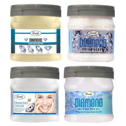 Luster Diamond Facial Kit | Diamond Facial Scrub | Diamond Massage Cream | Diamond Massage Gel | Diamond Face Pack | Diamond Facial Kit for Women & Men | No Paraben - 500 ml (Pack of 4).