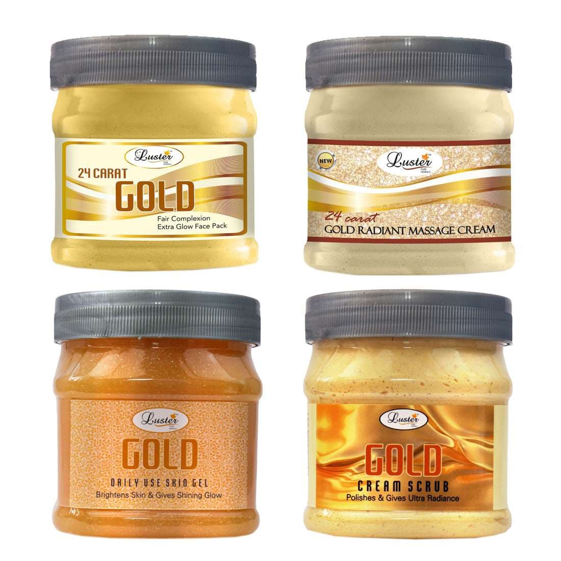 Luster Gold Facial Kit | Helps Brightens Skin | Gold Facial Scrub | Gold Massage Cream | Gold Massage Gel | Gold Face Pack | Gold Facial Kit for Women & Men | No Paraben & Sulfate- 500 ml (Pack of 4)