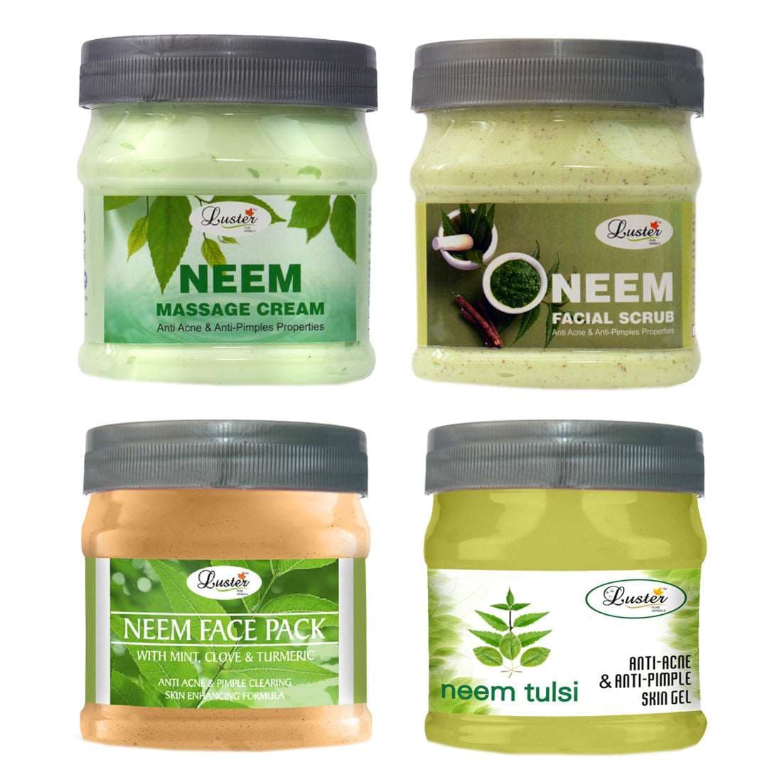 Luster Neem Facial Kit | Reduces Pimples | Neem Facial Scrub | Neem Massage Cream | Neem Massage Gel | Neem Face Pack | Neem Facial Kit for Women & Men | No Paraben & Sulfate- 500 ml (Pack of 4)