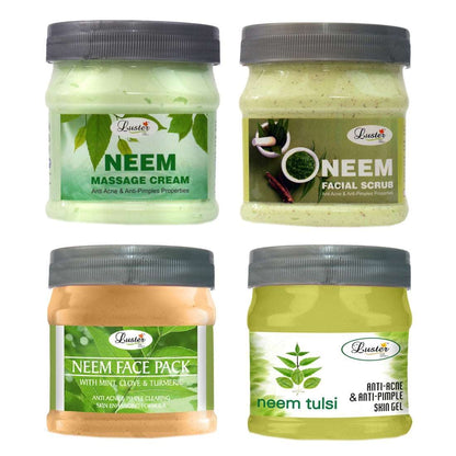 Luster Neem Facial Kit | Reduces Pimples | Neem Facial Scrub | Neem Massage Cream | Neem Massage Gel | Neem Face Pack | Neem Facial Kit for Women & Men | No Paraben & Sulfate- 500 ml (Pack of 4)