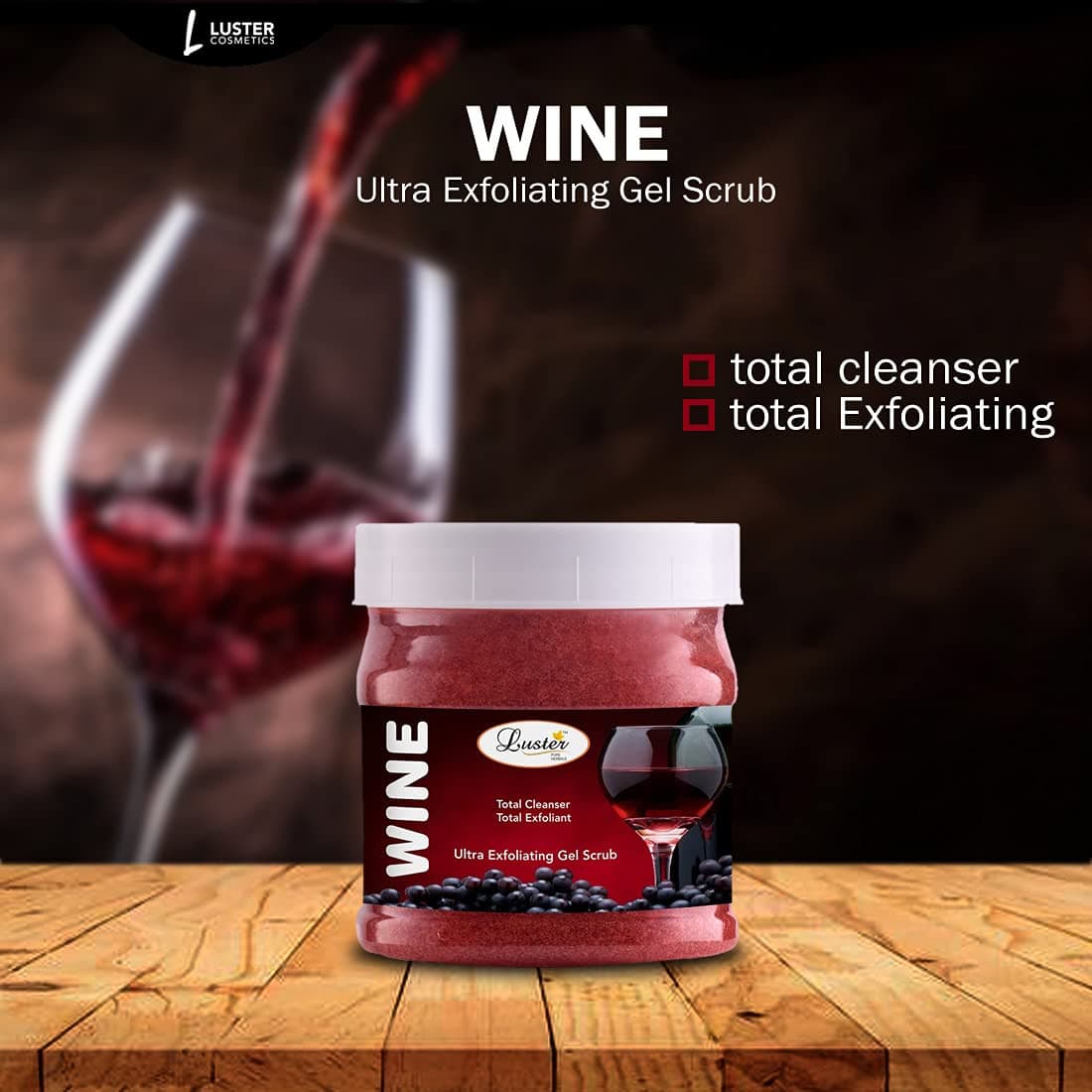 Luster Wine Facial Kit | Instant Glow & Nourishment | Wine Facial Scrub | Wine Massage Cream | Wine Massage Gel | Wine Face Pack | Wine Facial Kit for Women & Men | No Paraben - 500 ml (Pack of 4) - Luster Cosmetics