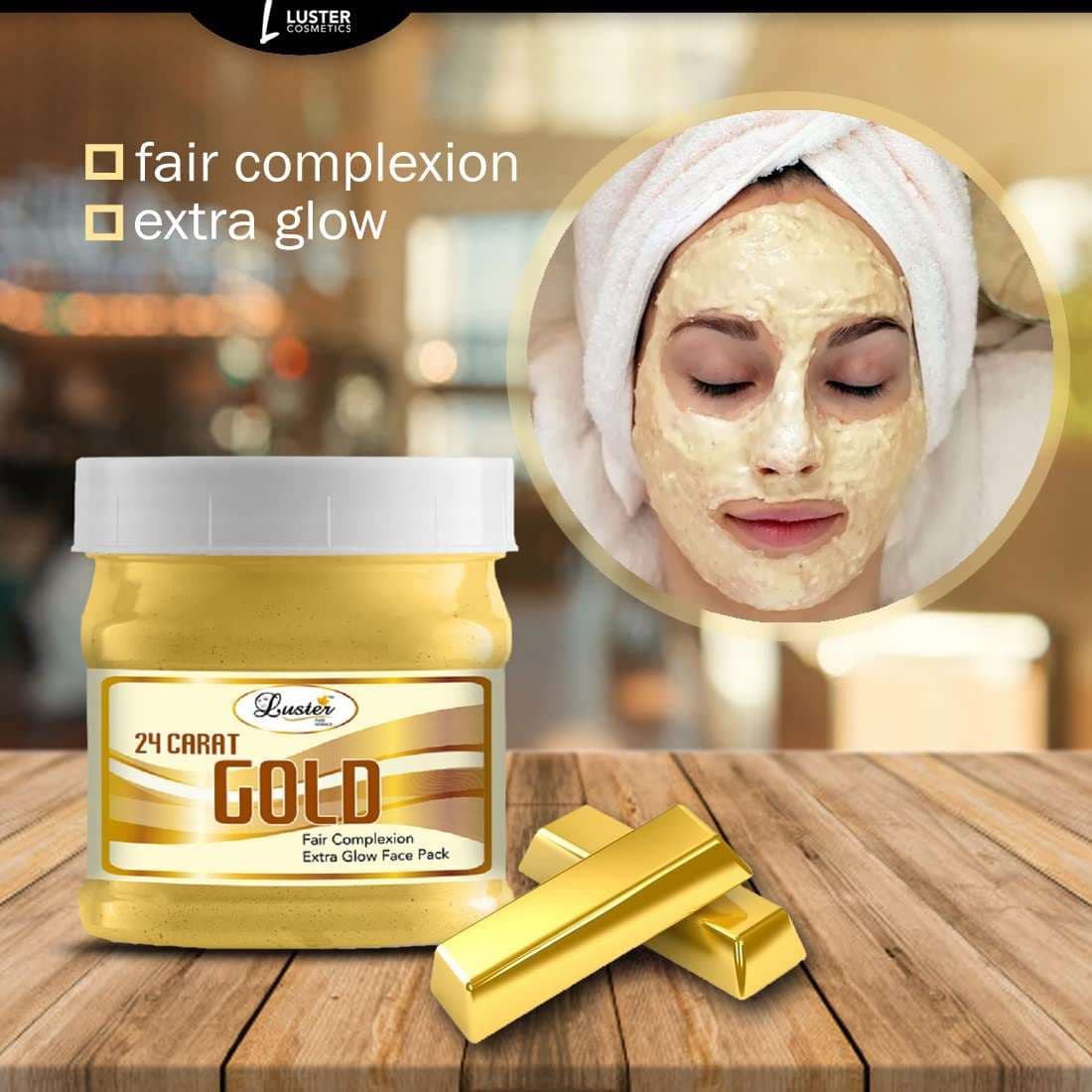 Luster Gold Facial Kit | Helps Brightens Skin | Gold Facial Scrub | Gold Massage Cream | Gold Massage Gel | Gold Face Pack | Gold Facial Kit for Women & Men | No Paraben & Sulfate- 500 ml (Pack of 4)