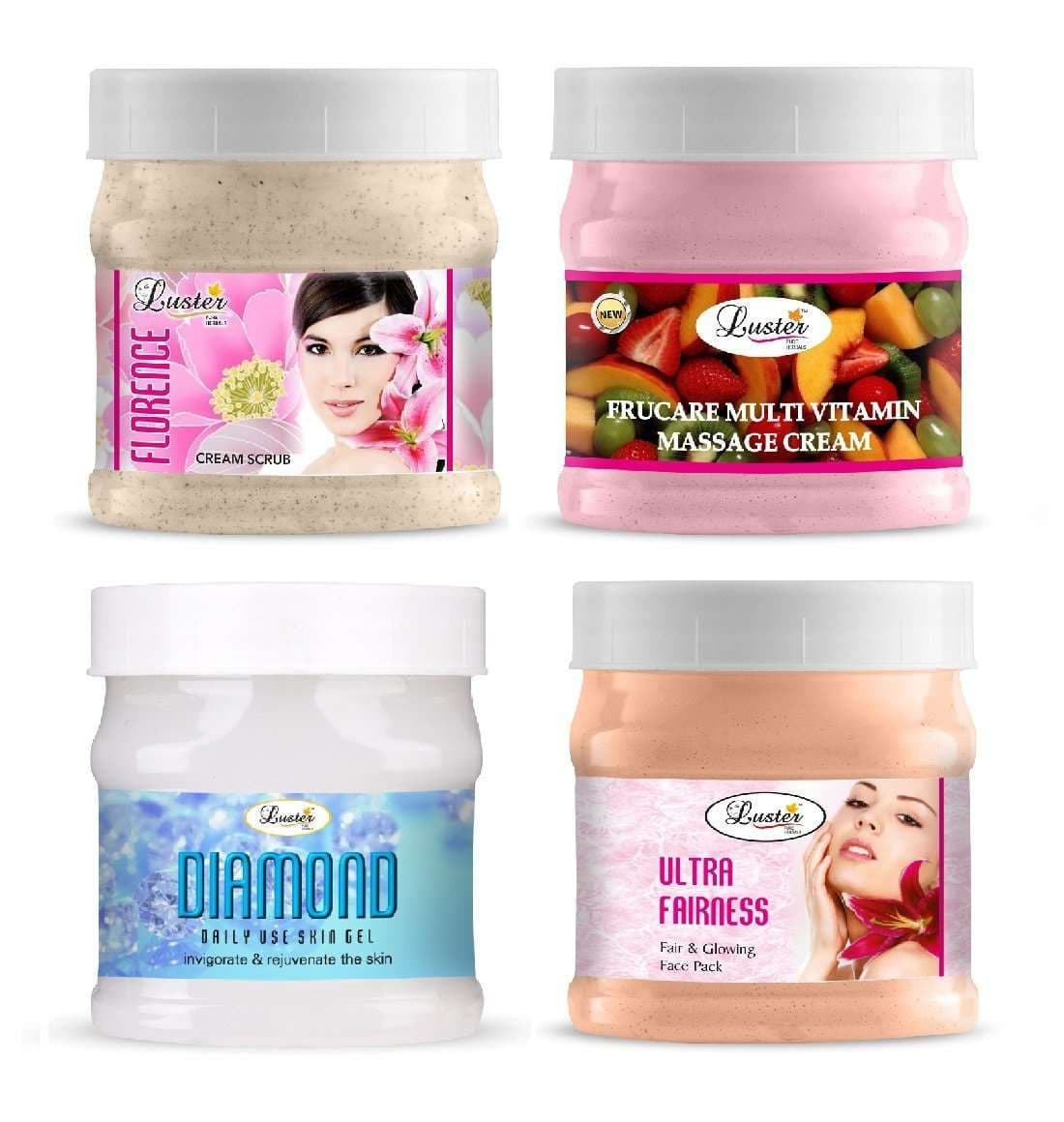 Luster Customised Facial Kit (Florence Cream Scrub + Frucare Multi Vitamin Cream + Diamond Skin Gel+ Ultra Fairness Face Pack) Paraben & Sulfate Free-2000 ml - Luster Cosmetics