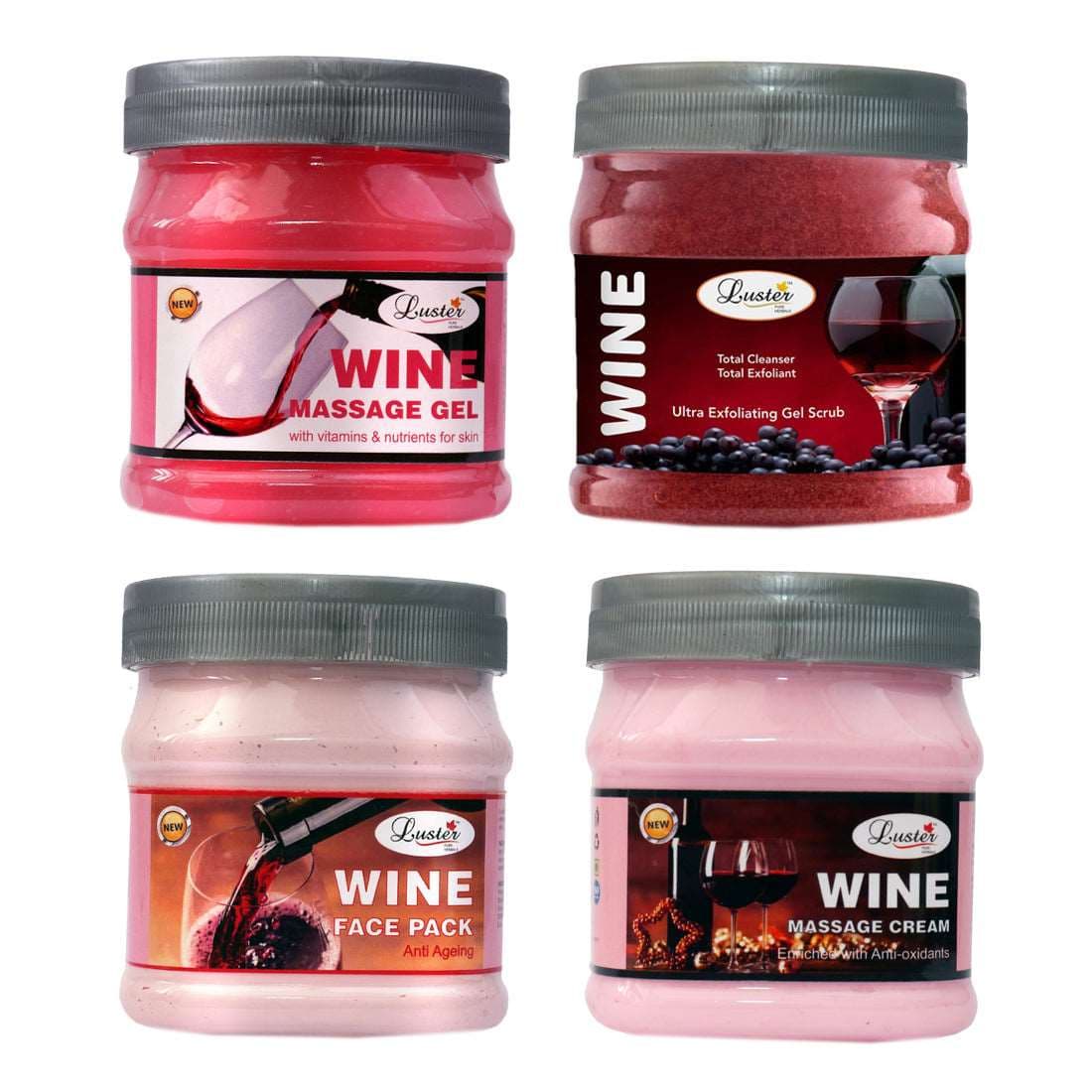 Luster Wine Facial Kit | Instant Glow & Nourishment | Wine Facial Scrub | Wine Massage Cream | Wine Massage Gel | Wine Face Pack | Wine Facial Kit for Women & Men | No Paraben - 500 ml (Pack of 4)